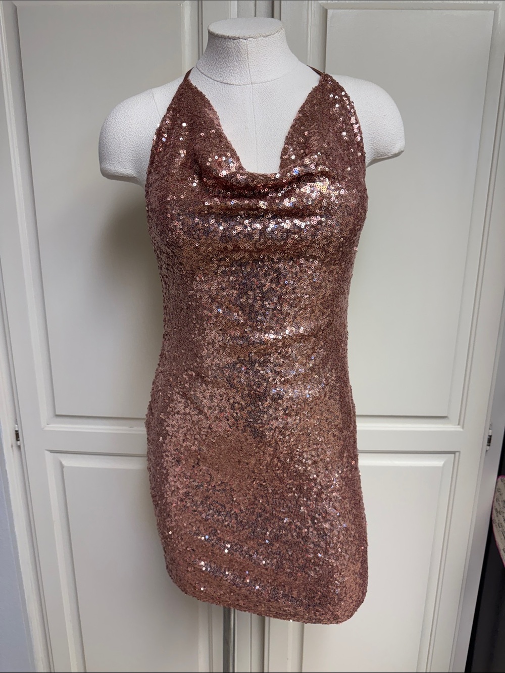 NEW! Cowl Neck Sequin Mini Dress in Rose Gold